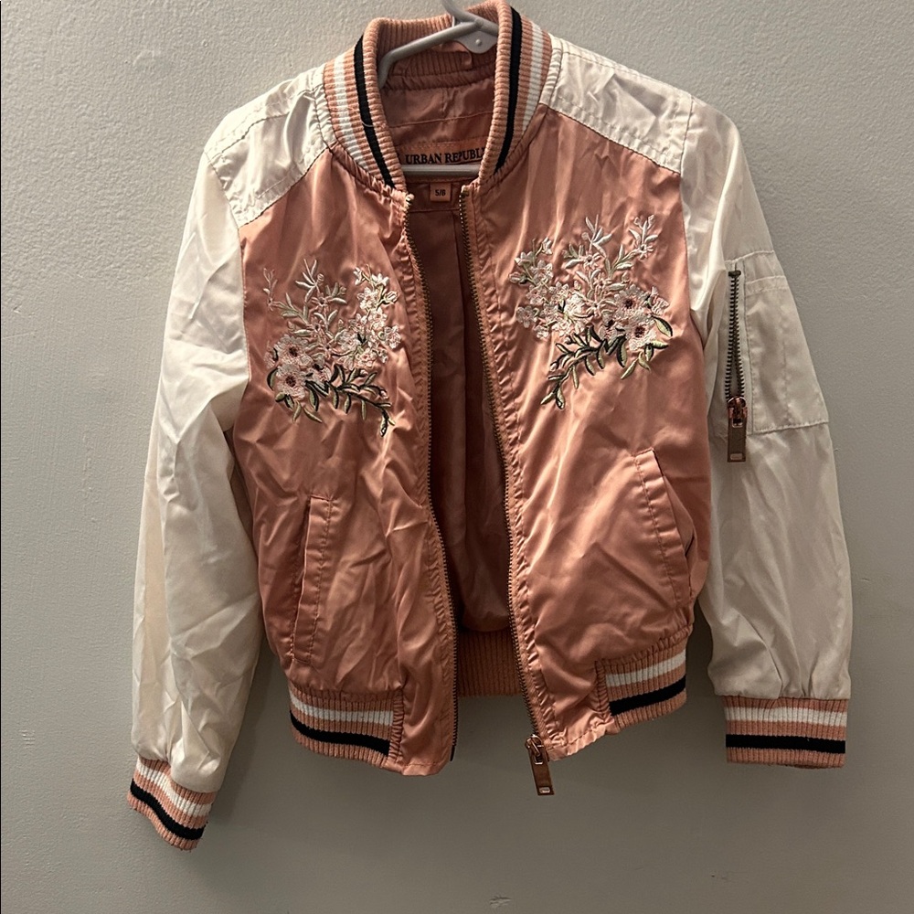 Pink and White Embroidered Bomber Jacket
